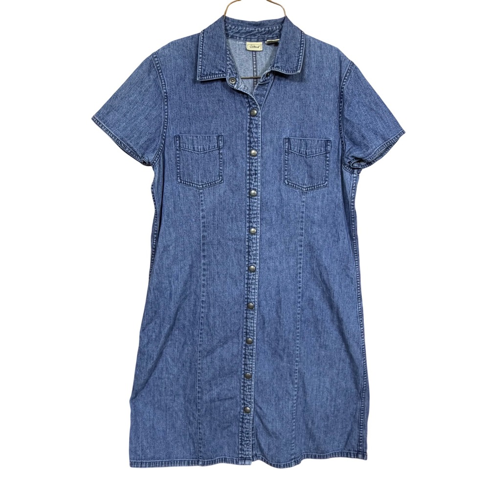 LL Bean Womens Denim Shirt Dress Blue Cotton Short Sleeve Button Front Size 14